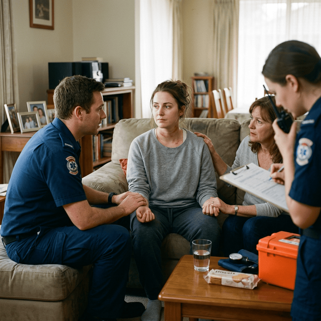 Paramedics attending to a distressed woman with red marks on her neck sitting on a couch